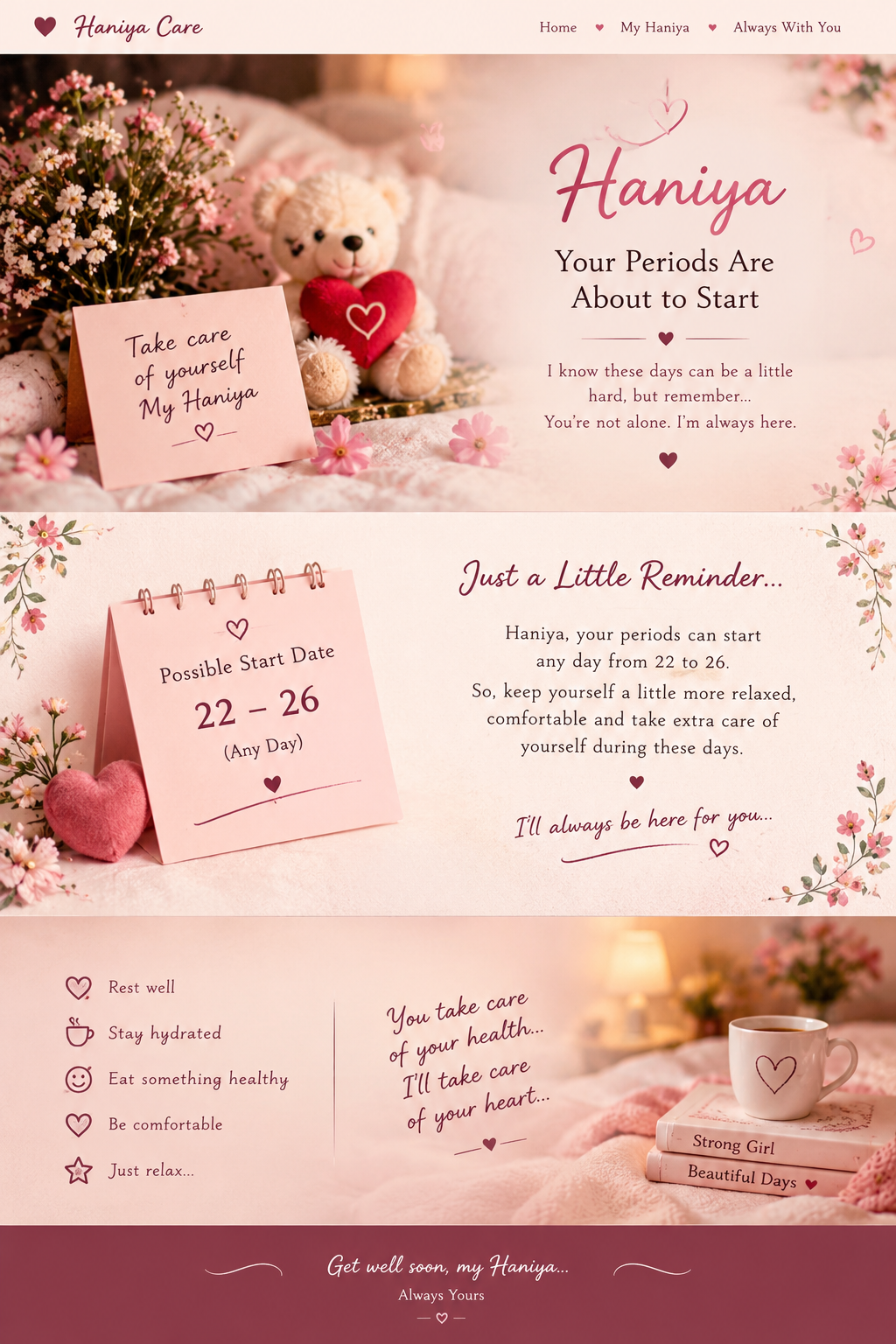 A soft pink teddy bear, flowers and a little love note for Haniya